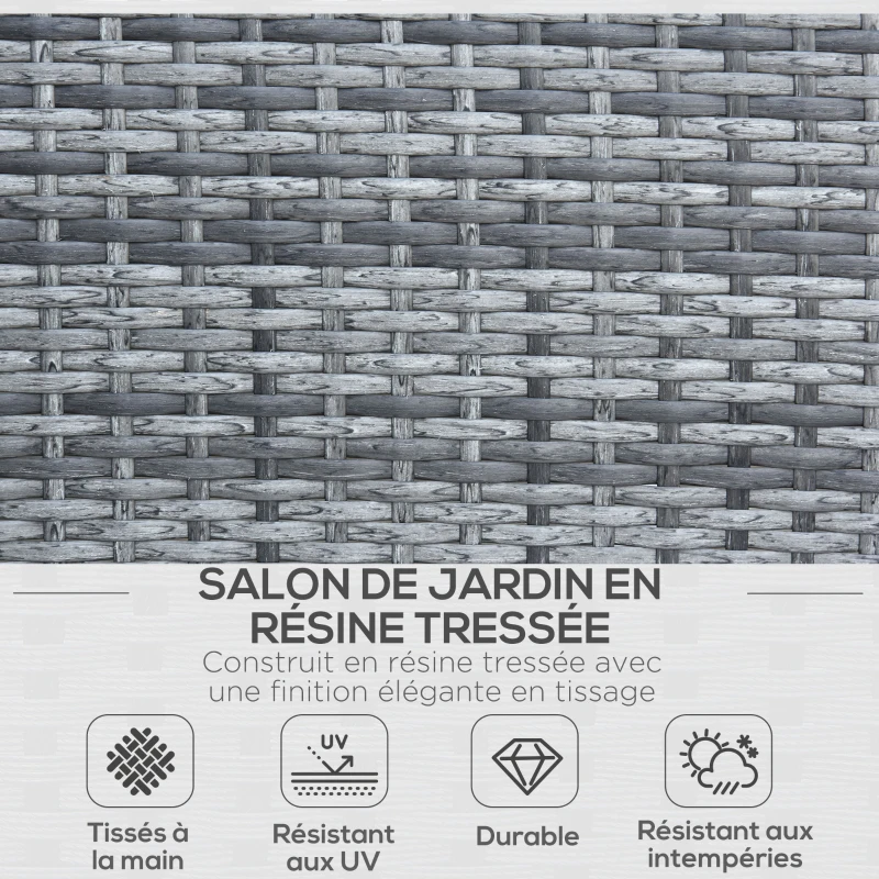 Outsunny Ensemble Salon de Jardin 4 Places : canapé, 2 fauteuils et Table Basse Plateau Verre trempé résine tressée Imitation rotin Gris Coussins Crème