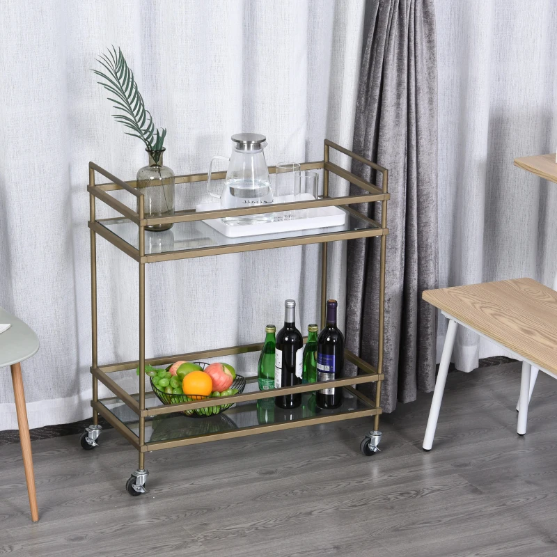 HOMCOM Chariot de service desserte de cuisine à roulettes 2 étagères verre dim. 70L x 35l x 80H cm métal doré