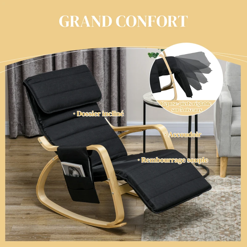 HOMCOM Fauteuil relax à bascule fauteuil allaitement avec repose-pieds réglable, poche latérale et appui-tête, noir