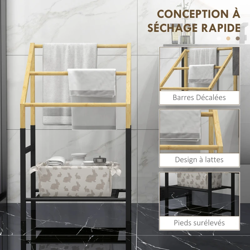 HOMCOM Porte-serviettes en bambou 3 barres et 1 étagère inférieure de rangement, 51l x 31P x 85,5H cm, finition bois naturel