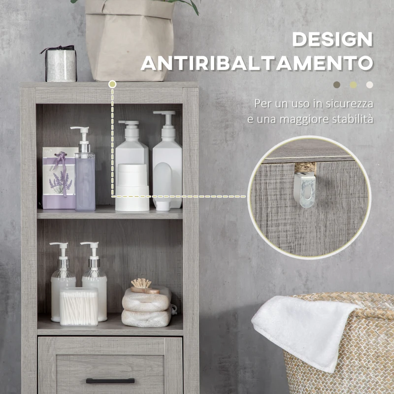 kleankin Mobiletto Bagno Salvaspazio con Ripiani e Cassetto in Legno, 40x30x89cm, Grigio