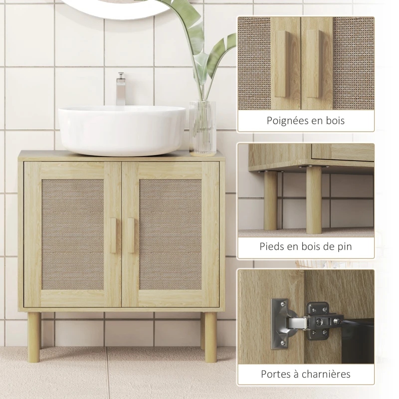 HOMCOM Meuble salle de bain sous lavabo meuble sous lavabo portes en rotin pieds bois de pin 2 niveaux 60 x 30 x 60 cm chêne