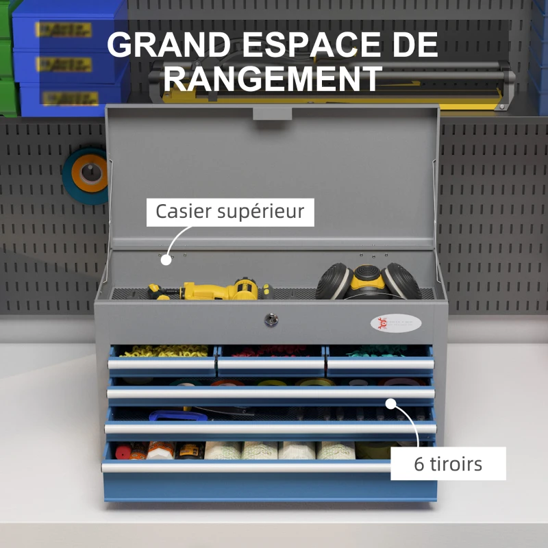 DURHAND Caisse boite à outils en métal avec 6 tiroirs et 1 plateau supérieur, verrouillable avec 2 clés fournies, 2 poignées