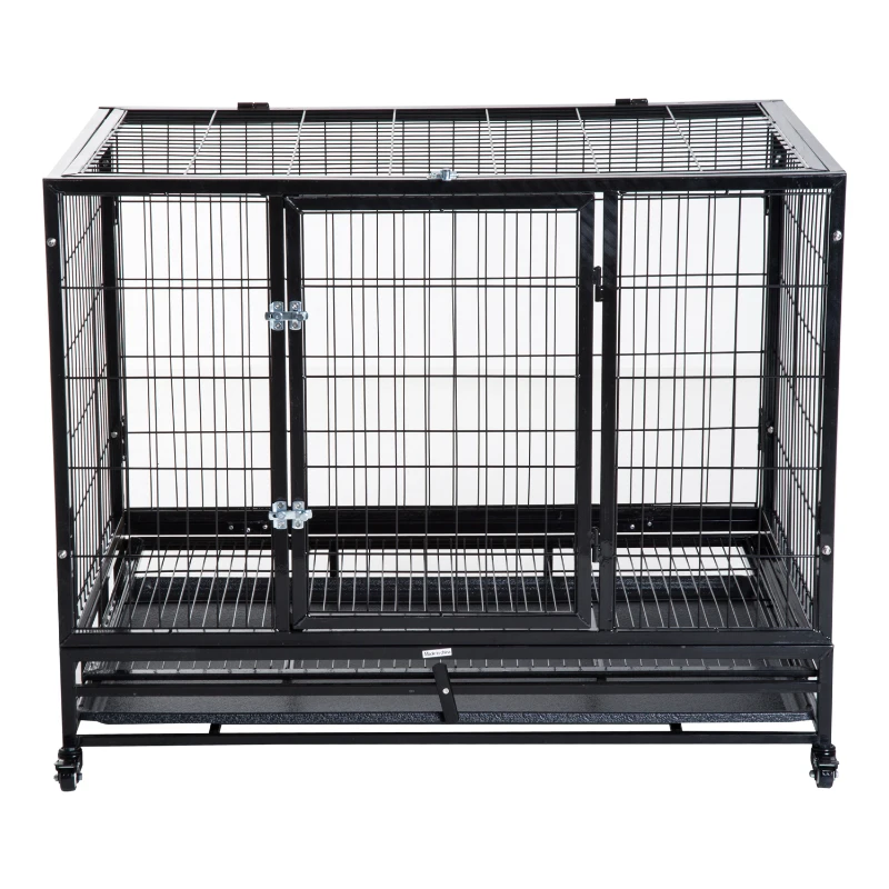 PawHut Cage pour chien animaux cage de transport sur roulettes 2 portes verrouillables plateau amovible max. 50 Kg  109L x 76l x 87H cm noir