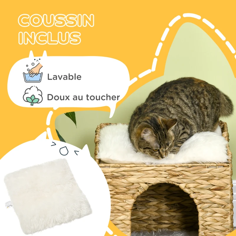 PawHut Niche pour chat 2 niveaux avec 2 coussins en jacinthe d'eau - 37,5 x 37,5 x 41,5 cm marron crème