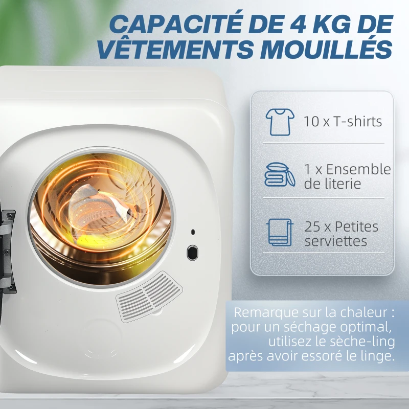 HOMCOM Sèche linge à évacuation électrique 800 W 4 Kg avec 5 modes de séchage, cuve en acier inoxydable, charge frontale