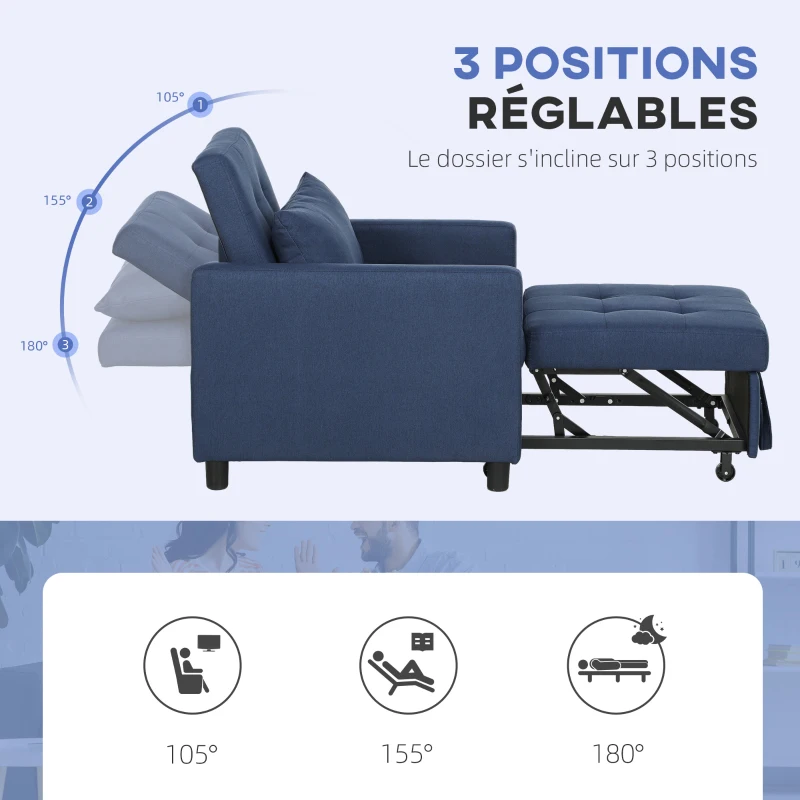 HOMCOM Fauteuil convertible 1 place avec dossier inclinable à 3 positions, coussin, siège rembourré et accoudoirs, bleu