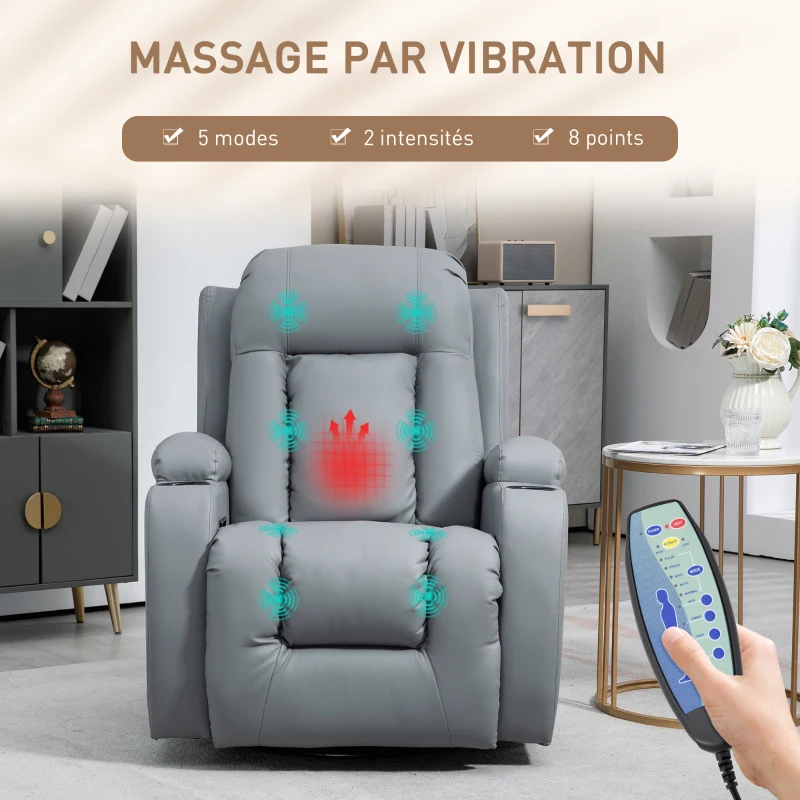 HOMCOM Fauteuil de Massage et Relaxation électrique Chauffant 360° pivotant inclinable manuellement Repose-Pied télécommande(m-4)