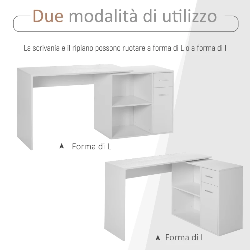 HOMCOM Scrivania Angolare con Libreria Scaffale in Legno Bianco, Tavolo da Pranzo con Rotazione a 360°, 173x39.8x74 cm