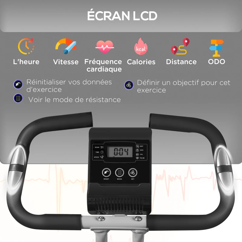 SPORTNOW Vélo d'appartement pliant, vélo de fitness, 8 niveaux de résistance magnétique, selle réglable, écran LCD, acier gris