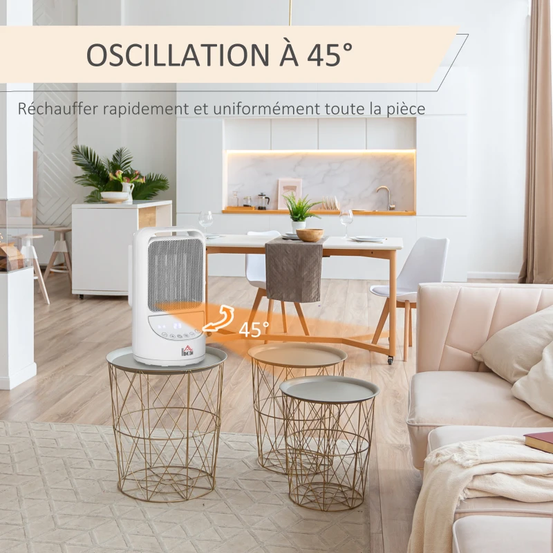 HOMCOM Chauffage soufflant oscillant 1500 W - mini radiateur céramique PTC - 3 niveaux de puissance - chauffage d'appoint avec télécommande blanc