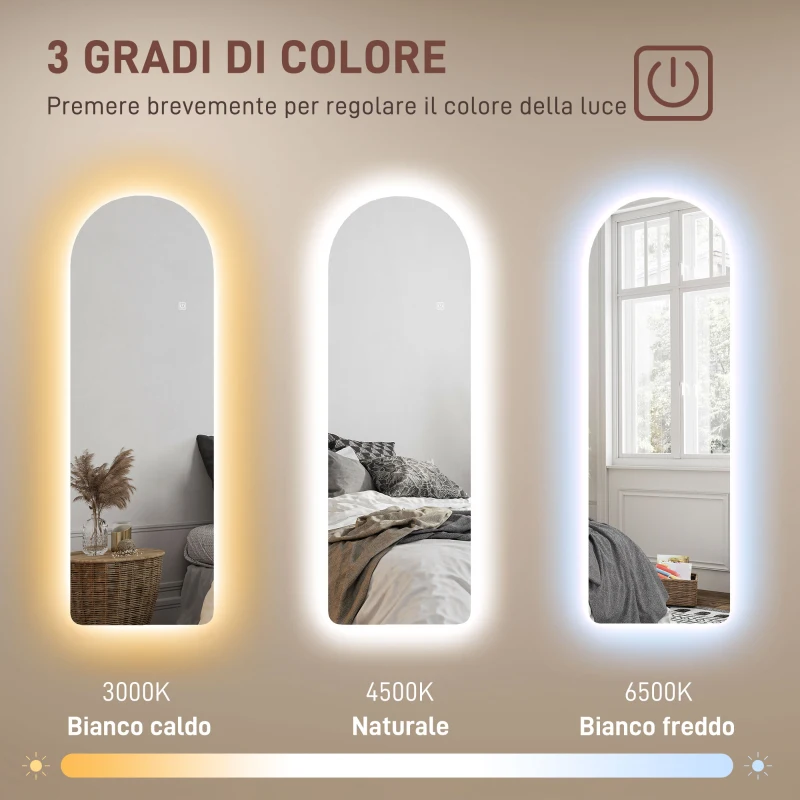 HOMCOM Specchio da Parete ad Arco con Illuminazione LED Regolabile e Controllo Touch, in Vetro Temperato, 40x3x120 cm