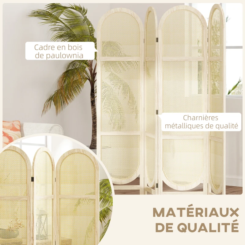 HOMCOM Paravent interieur en bois 4 panneaux 170 x 160 cm pliable et portable, motif tissé à la main, bois naturel