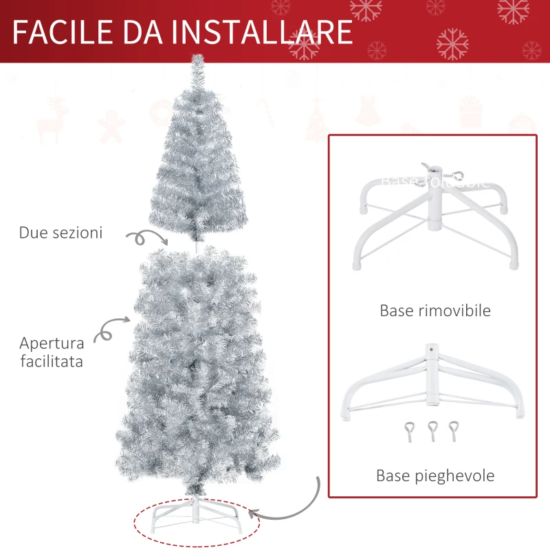 HOMCOM Albero di Natale Artificiale Alto 180cm con 618 Rami, Albero di Natale Slim con Base Rimovibile, in PET e Acciaio, Argento
