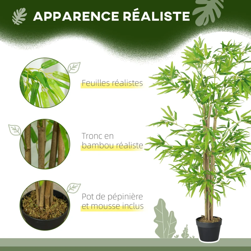 Outsunny Lot de 2 bambous artificiels Hauteur 1,5 m 644 Feuilles denses réalistes Pot Inclus Noir avec Lichen Vert