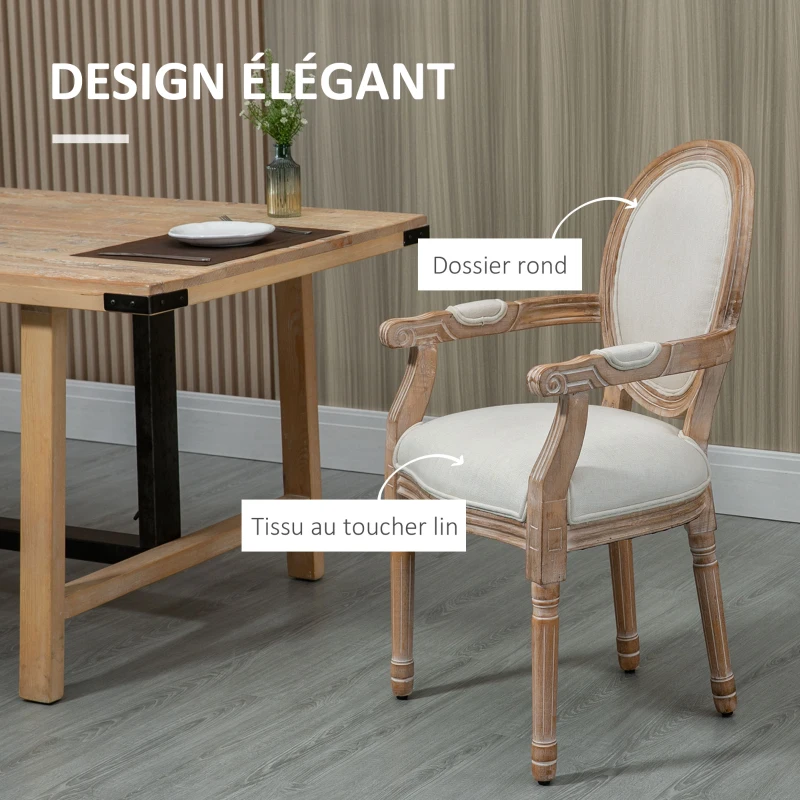 HOMCOM Lot de 2 chaises de Salle à Manger Chaise de Salon médaillon Style Louis XVI Bois Massif patiné sculpté Tissu Lin Crème