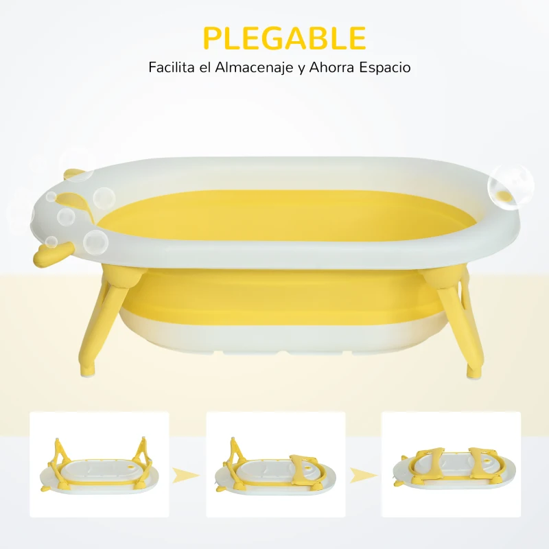 HOMCOM Bañera Plegable para Bebé Recién Nacido hasta 3 Años 81,5x50,5x23,5 cm con Tapón Termosensible Cojín