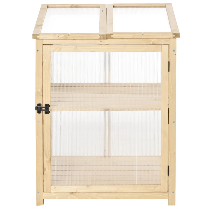 Outsunny Mini Serre de Jardin 2 Niveaux dim. 62L x 63l x 82H cm Porte et Panneau Toit ouvrant Bois Sapin traité Polycarbonate