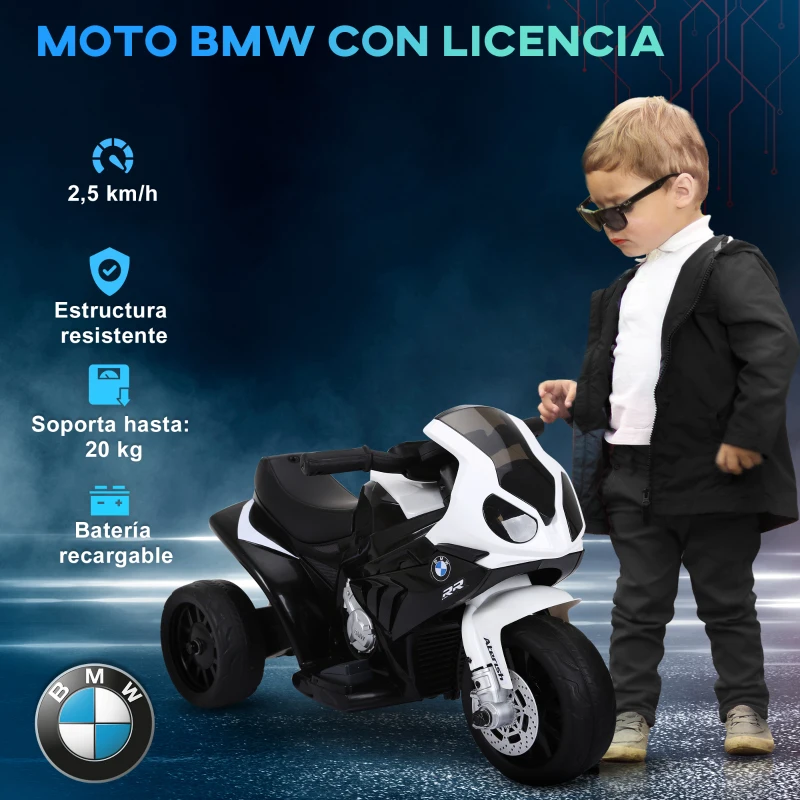 HOMCOM Moto Eléctrica para Niños de 18-36 Meses con Licencia BMW S1000RR con Velocidad 2,5 km/h Carga 20 kg 66x37x44 cm Negro