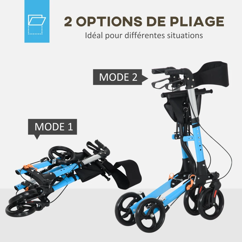 HOMCOM Déambulateur pliant avec siège et dossier 4 roues pliable réglable avec sac de rangement freins à main bleu et noir