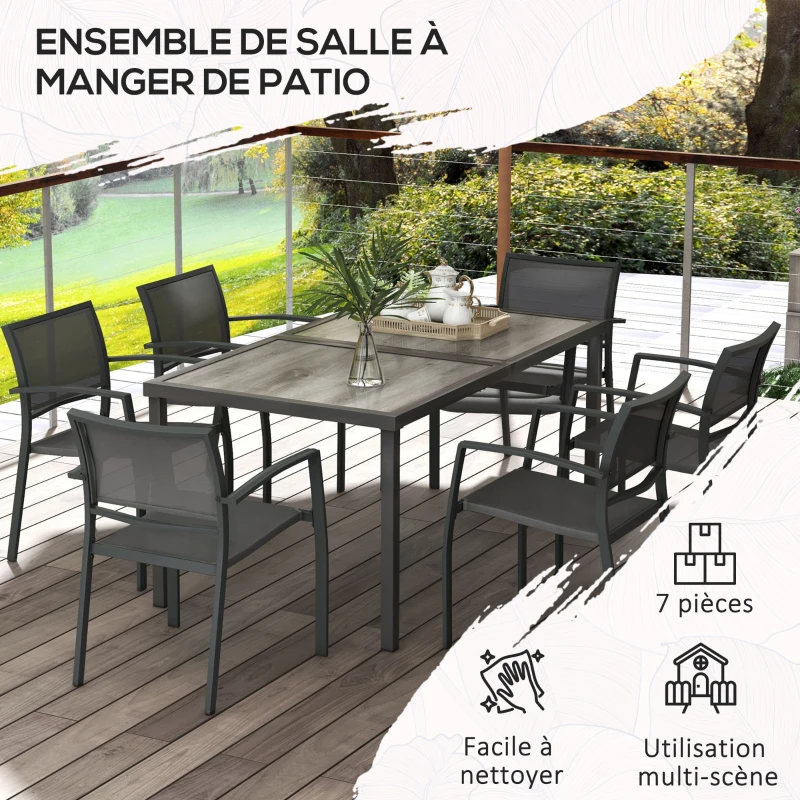 Outsunny Ensemble salle à manger de jardin 7 pièces avec 1 table et 6 chaises empilables en métal époxy textilène gris foncé