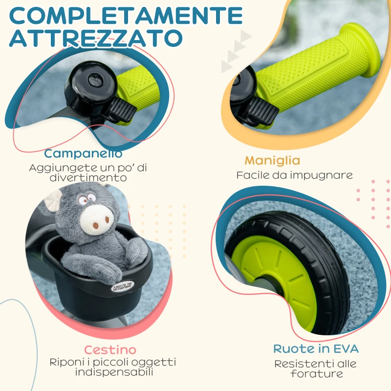 AIYAPLAY Triciclo per Bambini da 2-5 Anni con Seduta Regolabile e Campanello, 70.5x50x58cm, Nero