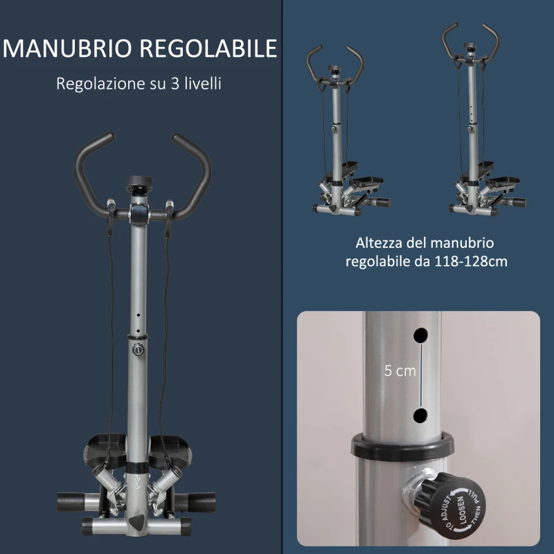HOMCOM Stepper con Manubrio Regolabile, Monitor LCD ed Elastici, 55x53x118-128cm, Nero