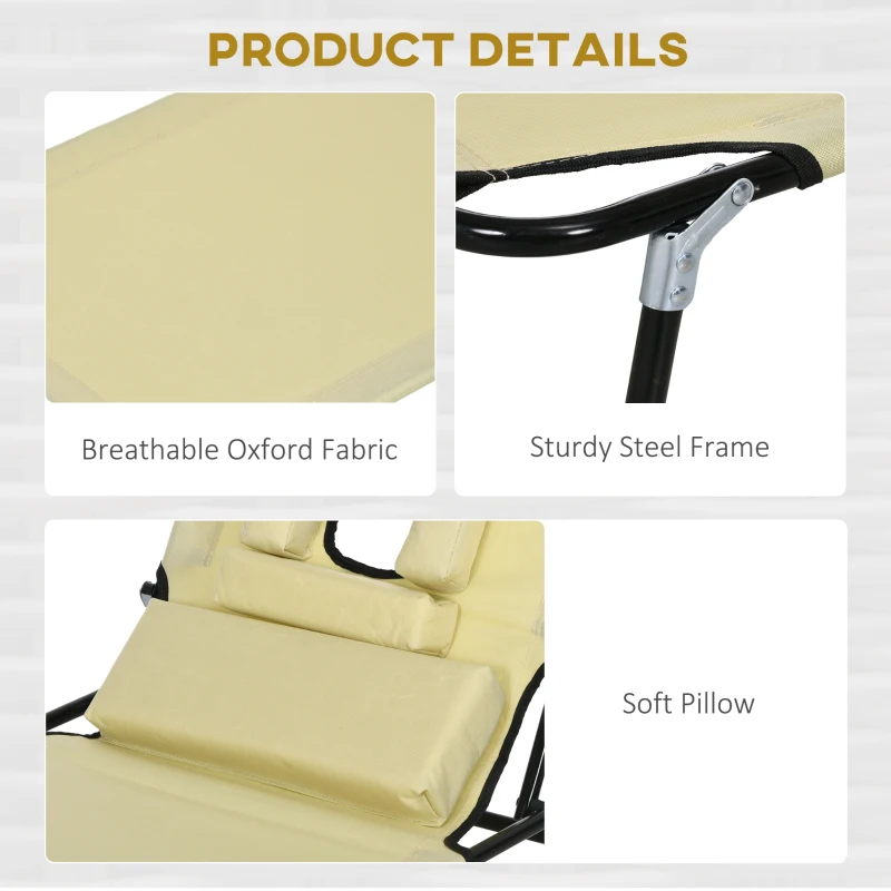 Outsunny Folding Sun Loungers Set of 2 with Face Hole, 4-Position Adjustable Backrest Garden Recliner Chairs Sunbeds, Outdoor Lounge Chairs with 600 D Oxford Cloth Seat, Pillow for Beach, Beige