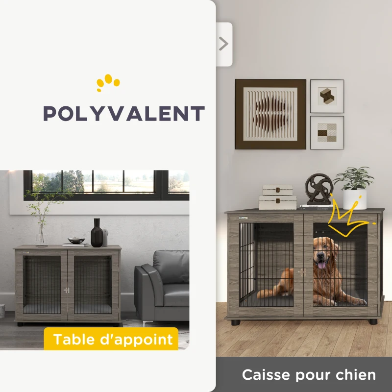 PawHut Cage pour chien 2 en 1 table d'appoint avec coussin en peluche déhoussable porte verrouillable 100 x 60 x 73,5 cm gris