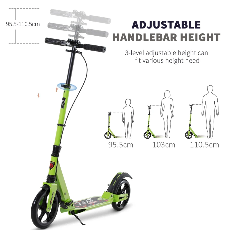 HOMCOM Teen/Adults Aluminium Foldable Kick Scooter w/ Shock Mitigation System - Green