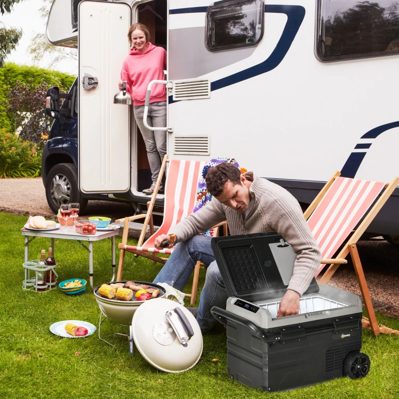 Outsunny Nevera Compresor Portátil 40L Nevera Portátil Eléctrica para Coche Congelador CC 12V/24V hasta -20℃ con Pantalla LED Táctil Asa Retráctil Ruedas para Camping Viajes 71,1x46x44 cm Negro