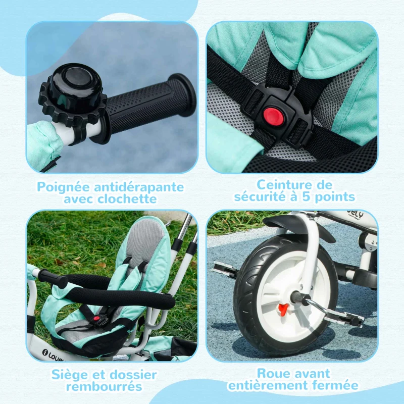 HOMCOM Tricycle 6 en 1 pour enfants, auvent, ceinture de sécurité 5 points, rangement, repose-pieds, frein, 1-5 ans, vert