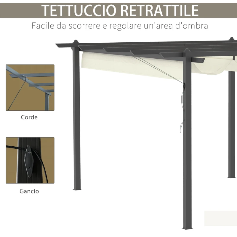 Outsunny Pergola Gazebo da Giardino 3.96x2.96m con Tettuccio Retrattile e Struttura in Alluminio