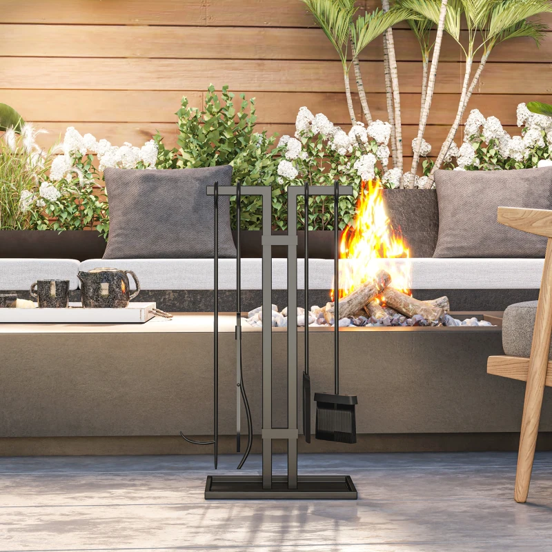 Outsunny Ensemble serviteur de cheminée 5 pièces, outils de cheminée, en métal, balai, pelle, pince, tisonnier et support, noir