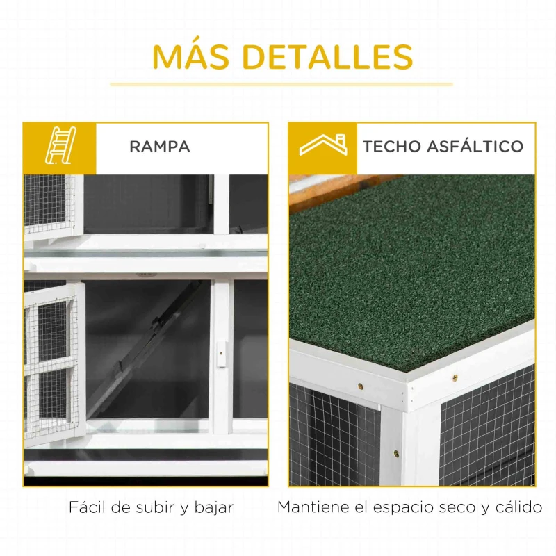 PawHut Conejera de Madera de 2 Niveles con Ruedas 2 Puertas Techo Abatible y Bandejas Extraíbles 119x50,5x109 cm Blanco y Gris