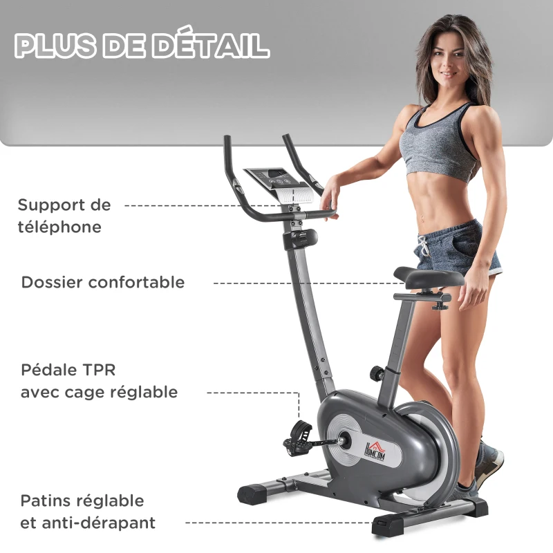 Vélo d'appartement volant d'inertie 8 Kg résistance magnétique 10 niveaux écran LCD multifonction capteur fréquence cardiaque selle réglable acier gris