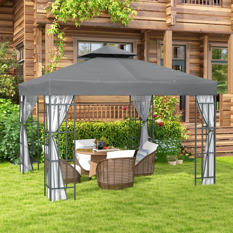 Outsunny 3 x 3(m) Patio Gazebo Canopy Garden Pavilion Tent Shelter with 2 Tier Roof and Mosquito Netting, Steel Frame, Grey