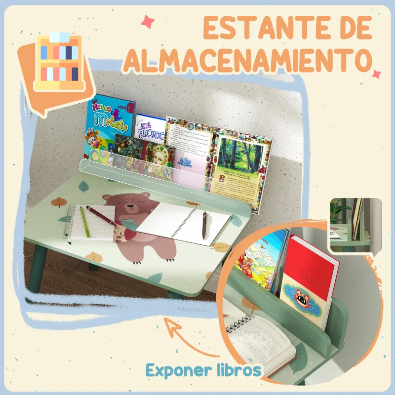 AIYAPLAY Mesa Infantil con Silla y Estante para Libros Escritorio para Niños de +3 Años para Sala de Juegos Verde