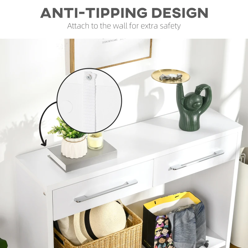 HOMCOM Console Table, Side Table with Bottom Shelf and Storage Drawers, Narrow Sofa Table, Hallway Table for Living Room, Entryway, White