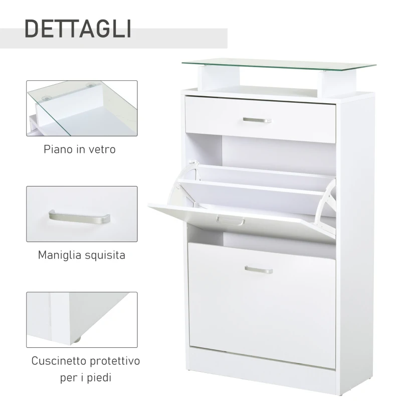 HOMCOM Mobile Scarpiera in Legno con 2 Ante a 2 Livelli, Cassetto e Ripiano in Vetro 60x24x105.5 cm, Bianco