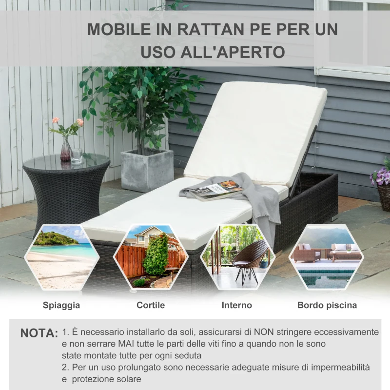 Outsunny Lettino Prendisole in Rattan PE con Schienale Reclinabile su 5 Posizioni, 195x68x31cm, Marrone