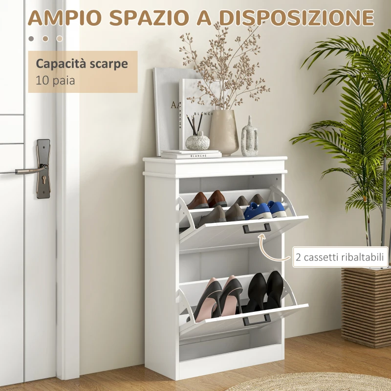 HOMCOM Scarpiera Moderna con 2 Cassetti Ribaltabili per 10 Paia di Scarpe e Ripiano Regolabile, 54x24x82.5cm, Bianco