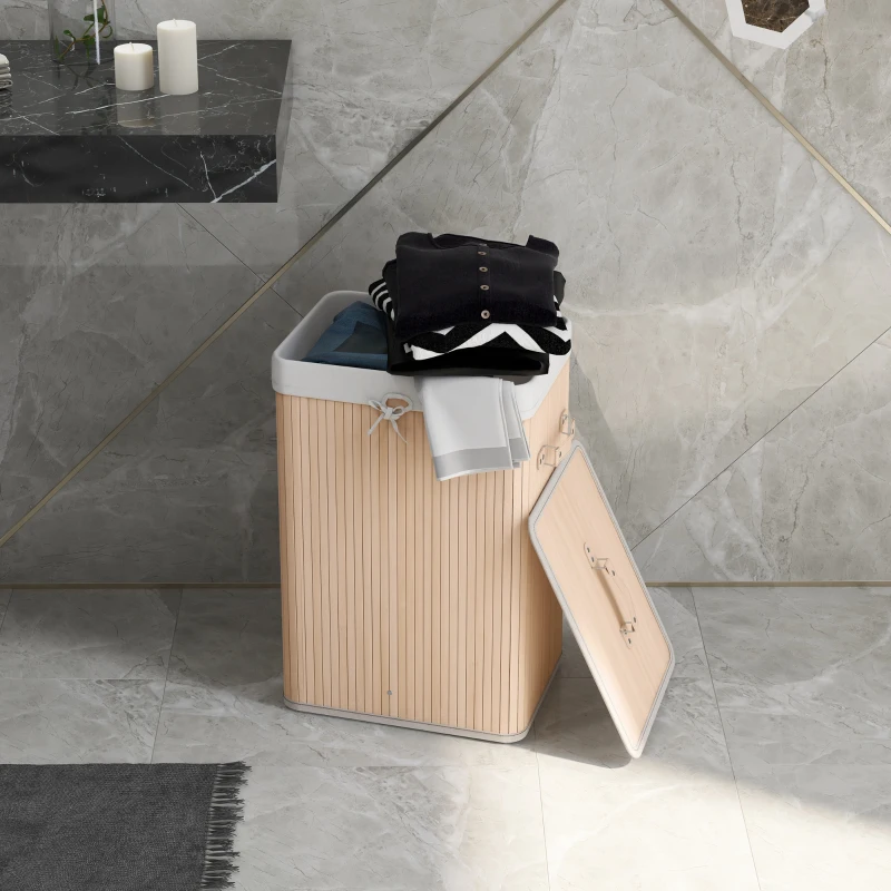HOMCOM 70L Collapsible Bamboo Laundry Hamper Organizer Clothes Washing Basket Bin Storage Box w/ Lid Removable Lining 40x30x60cm