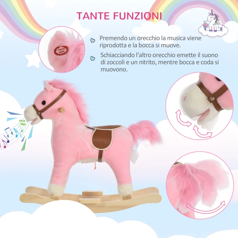 HOMCOM Cavallo a Dondolo in Legno Giocattolo con Suoni Realistici per Bambini 36-72 Mesi, Include 2 Batterie AA, Rosa