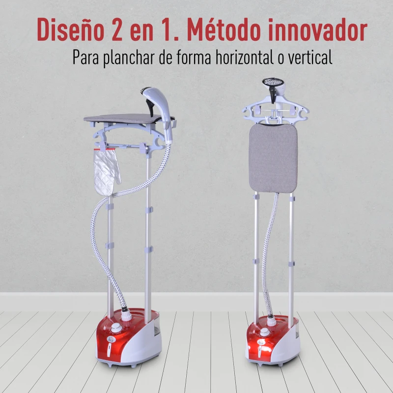 HOMCOM Plancha Vertical Vapor 1950W, Depósito de 2 L, 32g/min, Plancha de Vapor Vertical con Barra Telescópica, Listo en 38s,Colgador de Ropa, Centro de Planchado para Hogar Oficina, Rojo