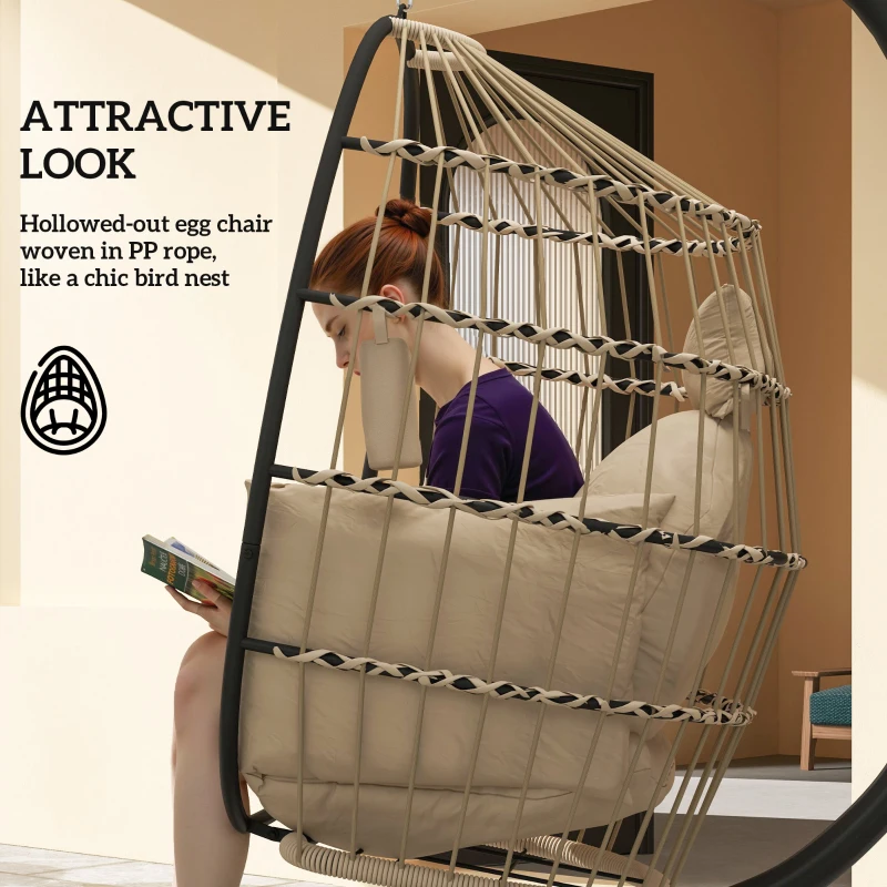 Outsunny Hanging Egg Chair Outdoor Indoor Garden Swing Chair with Folding Basket and Thickened Cushion, Garden Hanging Chair with Stand, Headrest, Cup Holder for Patio, Balcony, Khaki