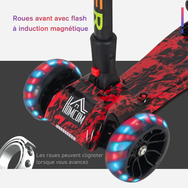 HOMCOM Trottinette Pliable 3 Roues pour Enfant Roues Lumineuses pulvérisation arrière d'eau Fonction Musicale Rouge dim. 61L x 26l x 63-81H cm