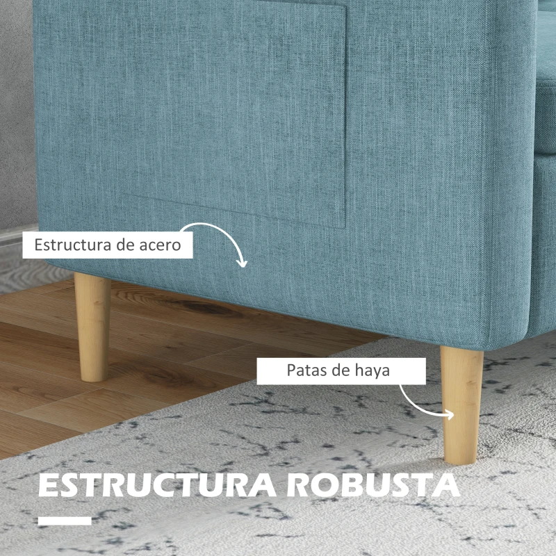 HOMCOM Sofá de 2 Plazas Tapizado en Poliéster con 2 Bolsillos Laterales Reposabrazos y Patas de Madera 143x76x83 cm Azul Claro