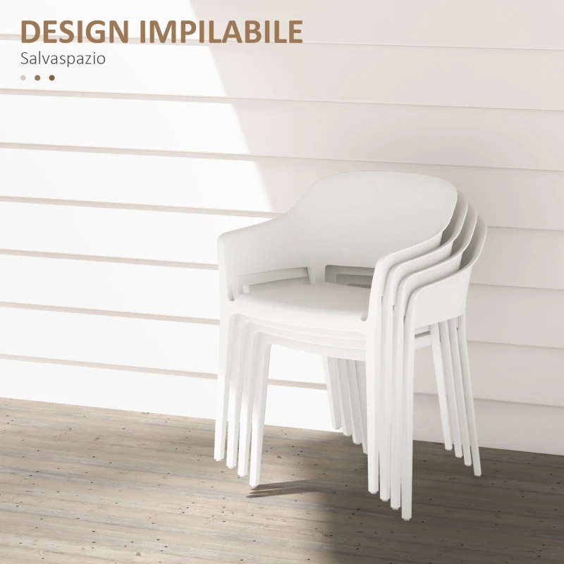 Outsunny Set 4 Sedie da Giardino in Plastica Impilabili con Braccioli e Schienale Alto in PP, Bianco