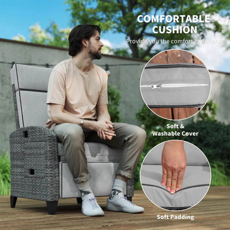 Outsunny Outdoor Recliner Chair with Adjustable Backrest and Footrest, Cushion, Side Tray, Light Grey/Grey
